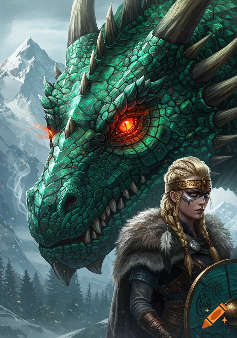 A close-up of a green dragon with glowing red eyes behind a blonde viking woman with a shield in a snowy mountain landscape.