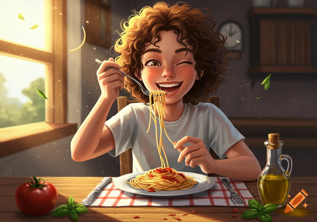 A happy cartoon teenager with curly hair winks while enthusiastically eating spaghetti with sauce at a sunlit table.