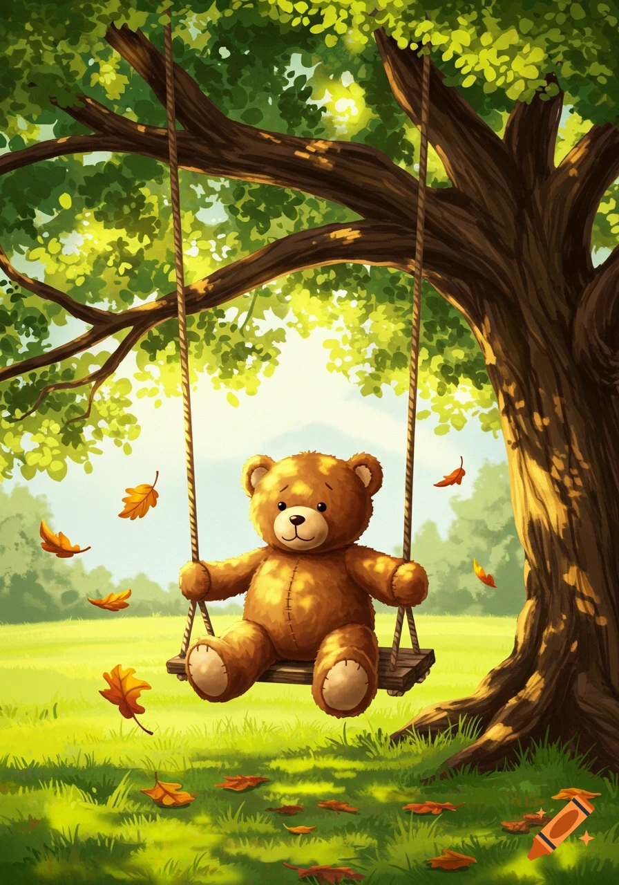A cute brown teddy bear on a wooden swing under a large tree in a sunny, grassy field with falling autumn leaves, illustration.