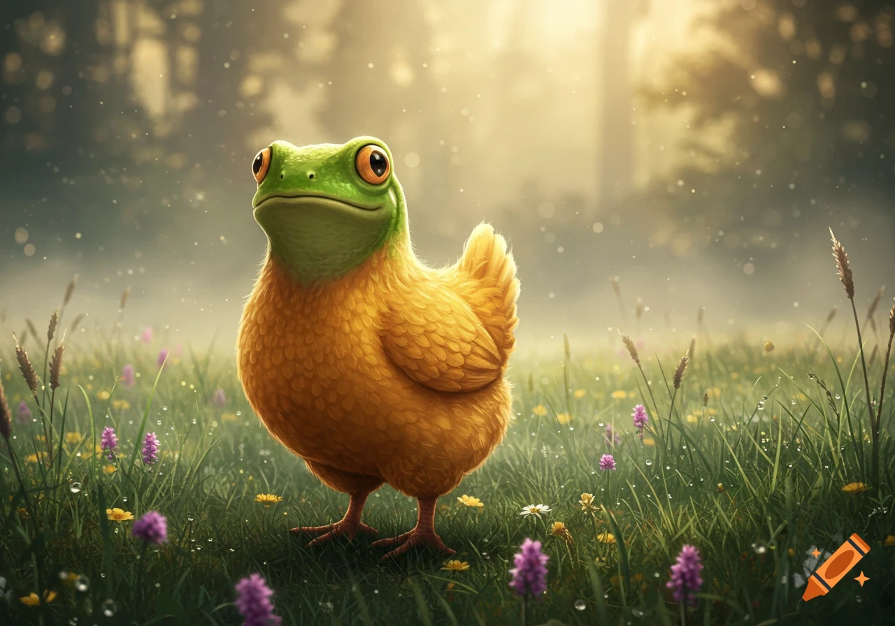 A cute, cartoon frog-chicken hybrid stands in a dewy, grassy field with small purple flowers, bathed in soft, dappled sunlight.