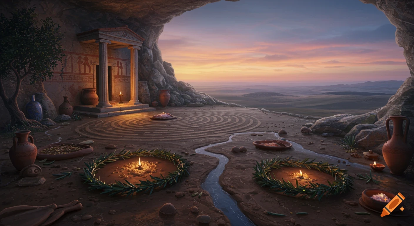 Painterly image of an ancient temple entrance within a cave, surrounded by offering bowls, lit candles, and a labyrinth pattern, overlooking a sunset landscape.