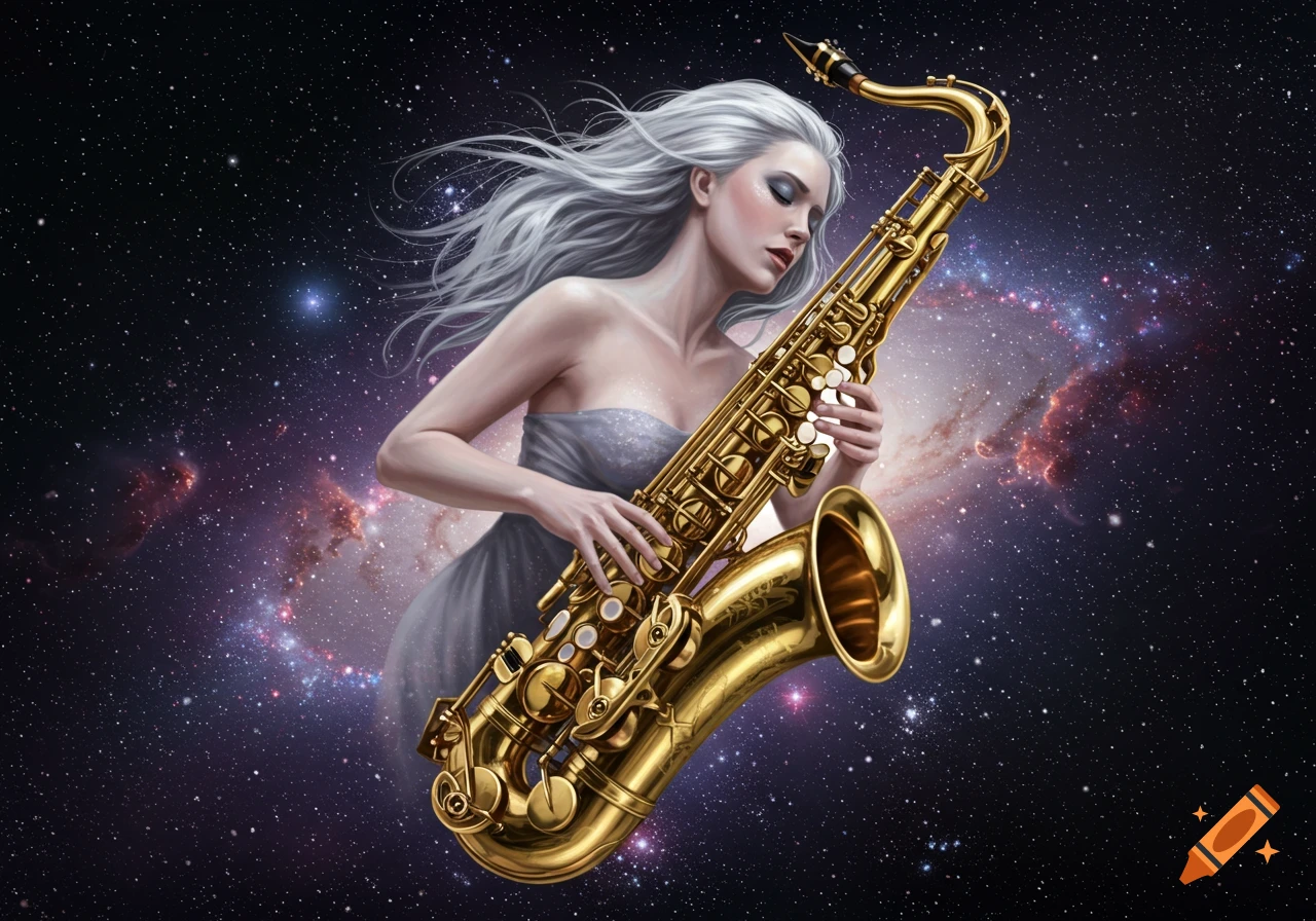 A woman with long white hair plays a golden saxophone amidst a starry galaxy.