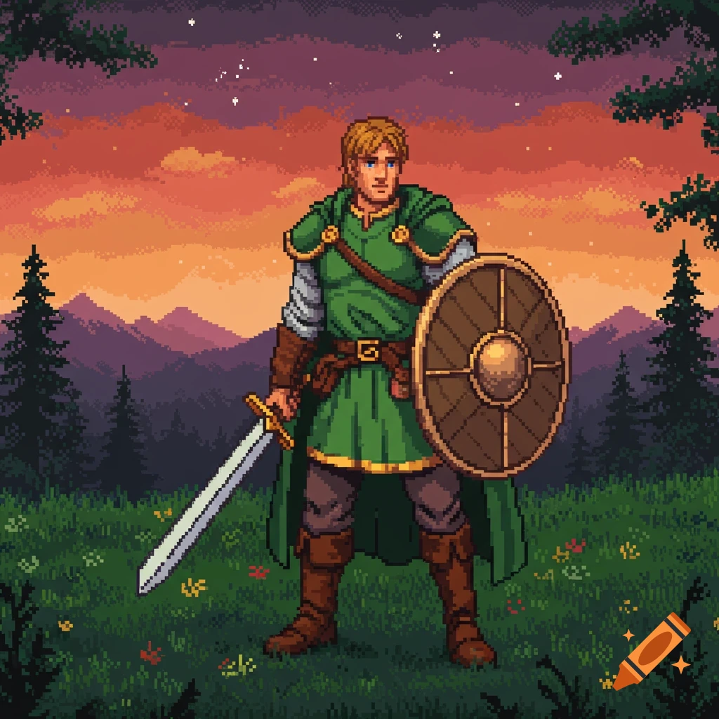 A pixel art adventurer with a green tunic, sword, and shield stands in a grassy field with mountains and a sunset sky.