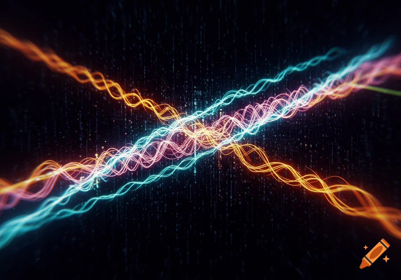 Multiple wavy, glowing lines in orange, blue, and pink intersect across a dark, digital background.