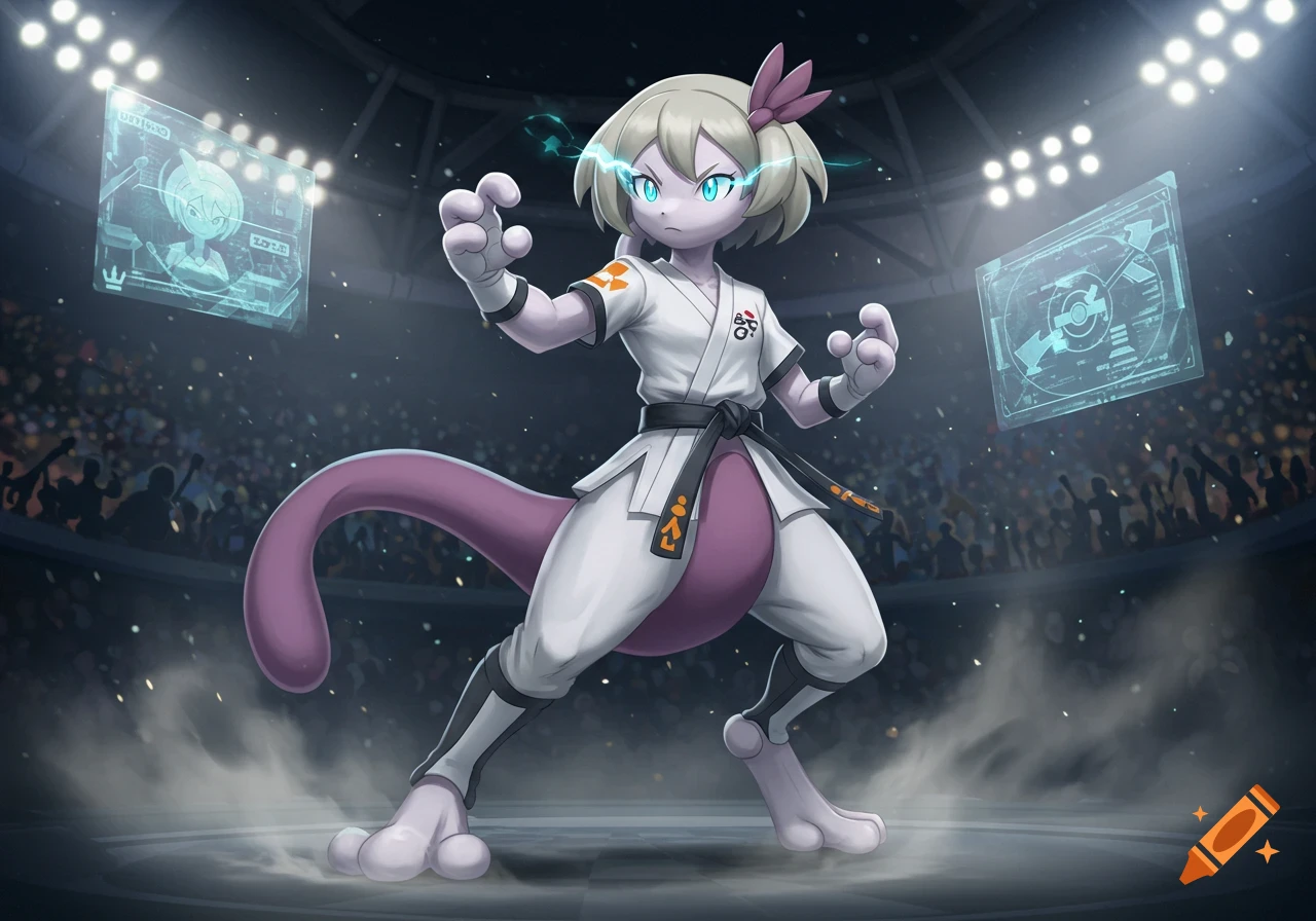 A humanized Mewtwo character with blonde hair and purple skin, wearing a white karate gi and black belt, in a fighting stance in a stadium with holographic screens.