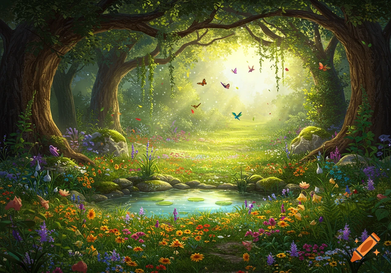 A vibrant fantasy forest scene with a sunlit path, a tranquil pond, colorful wildflowers, lush trees, and butterflies flying in the magical light.