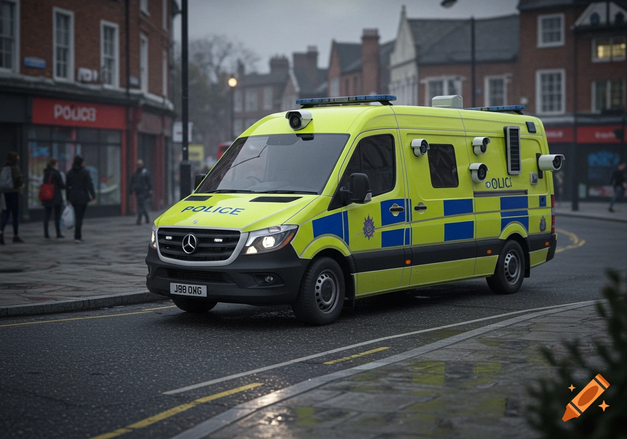 A photorealistic neon yellow UK police surveillance van with blue checkerboard markings, multiple cameras, on a wet city street.