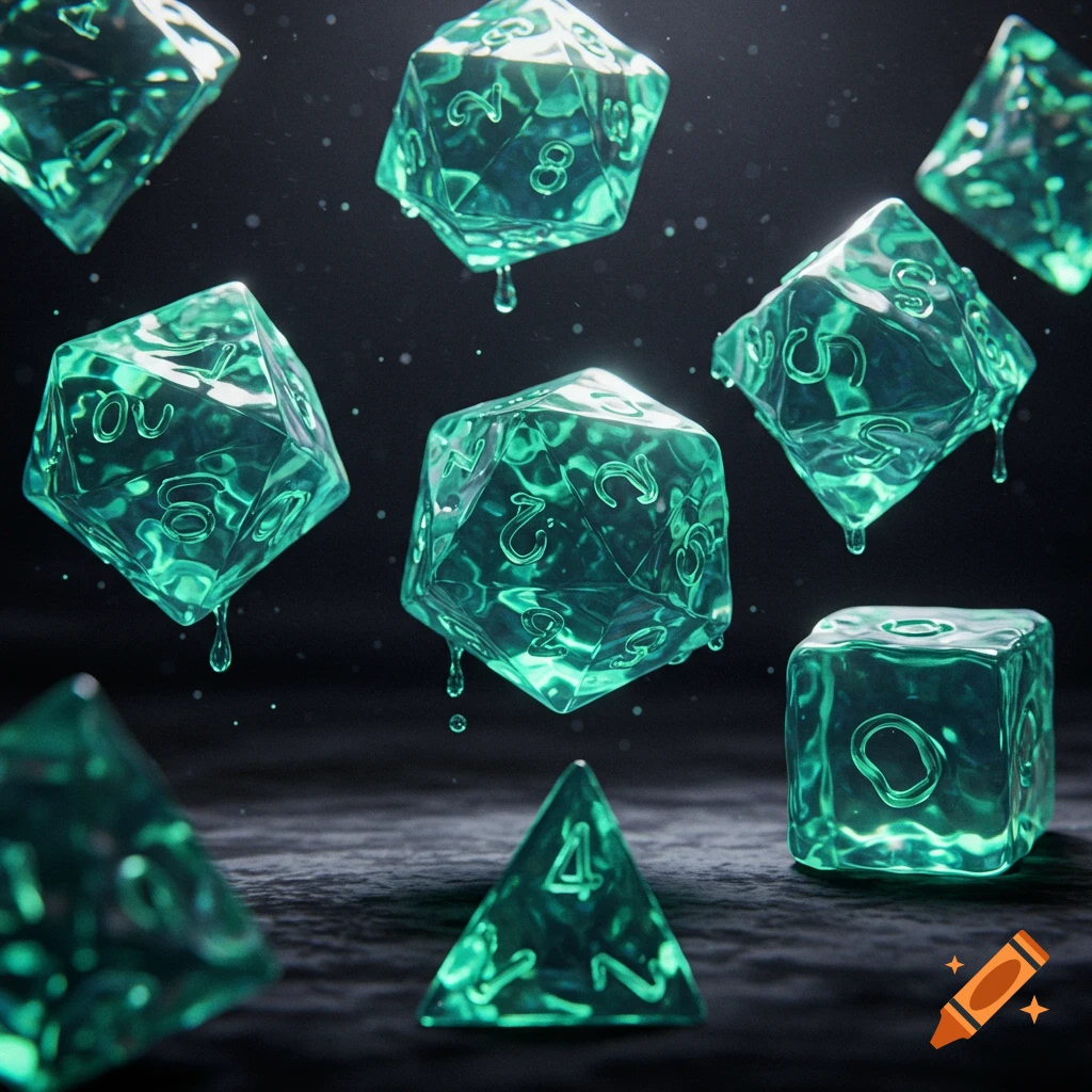 Several glowing green slime polyhedral dice with numbers float and drip on a dark, textured surface.