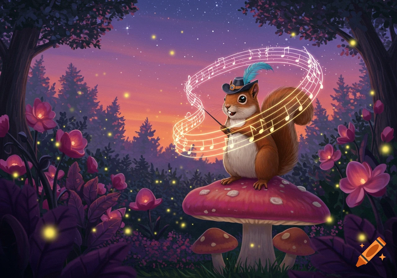 A whimsical squirrel in a feathered hat conducting glowing musical notes with a wand, perched on a mushroom in an enchanted forest at sunset with fireflies and pink flowers.