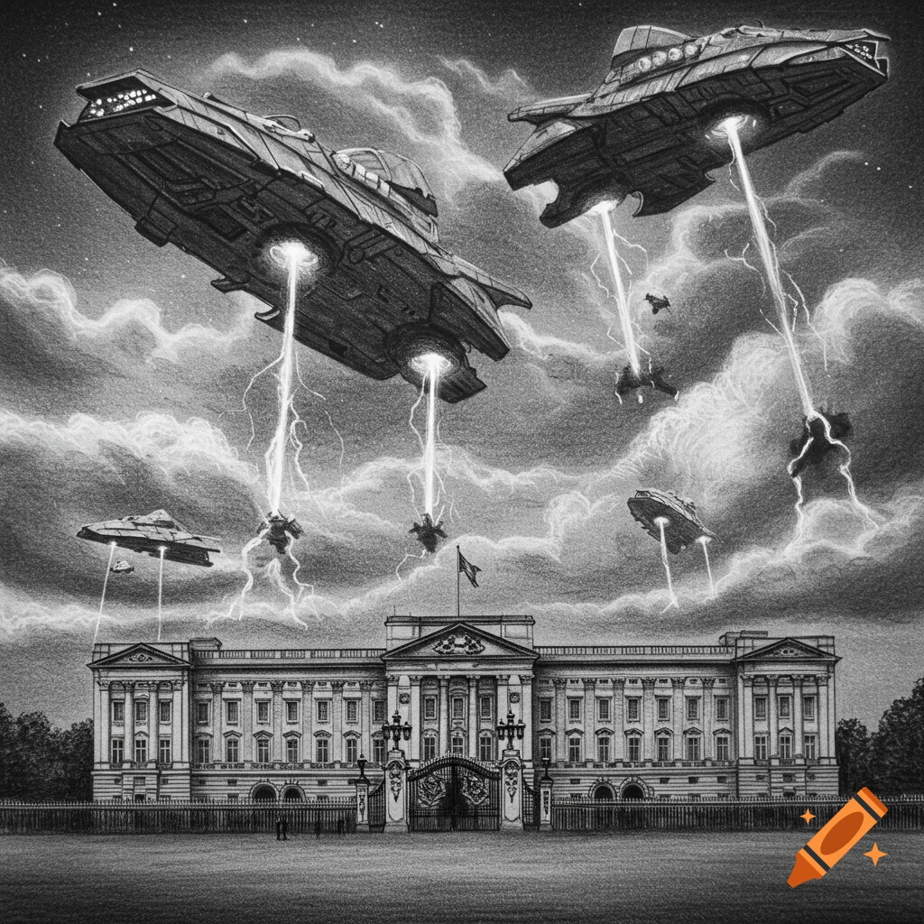 Charcoal drawing of alien spaceships invading Buckingham Palace with lightning.