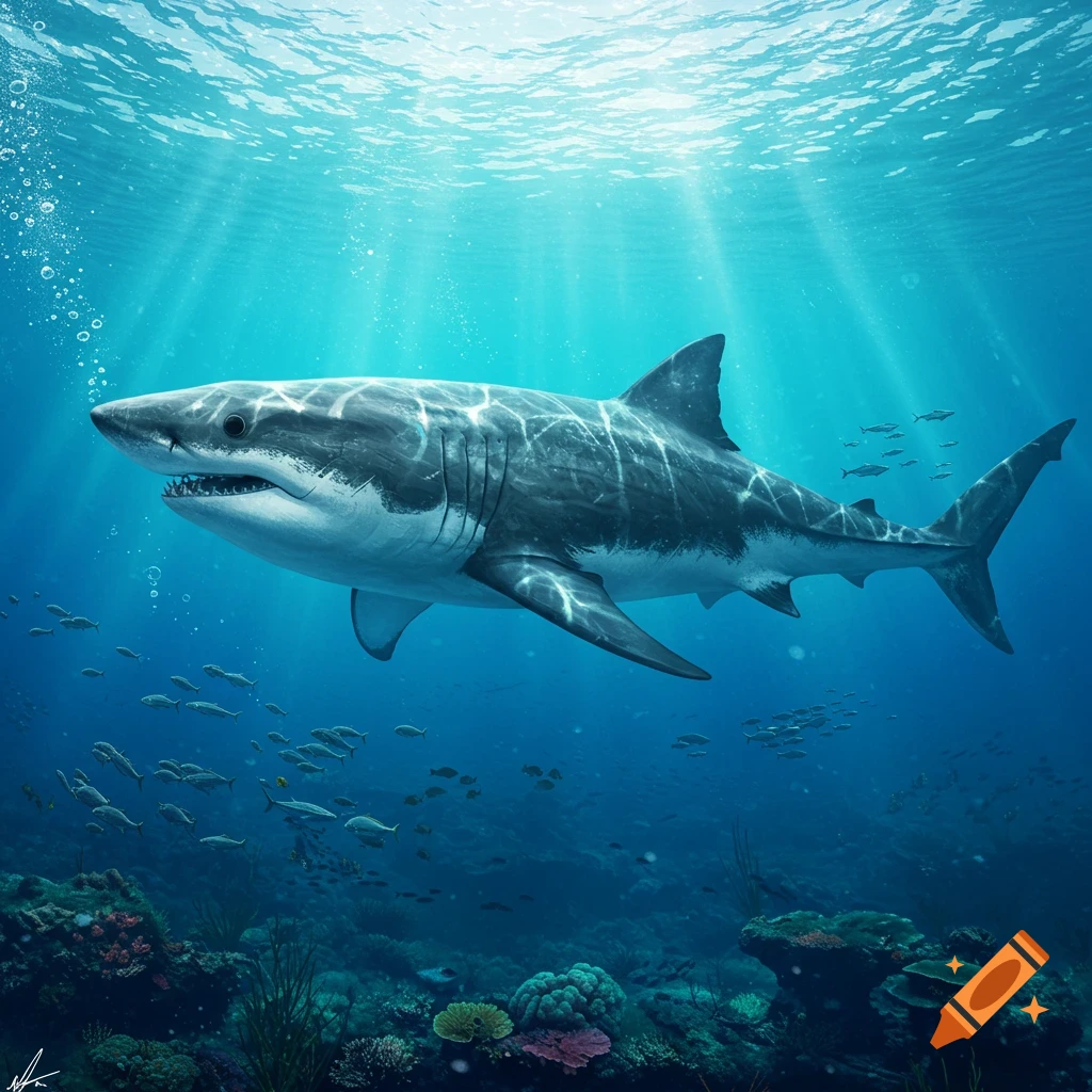 A large white shark swims underwater near a coral reef with smaller fish and sunbeams piercing the surface.