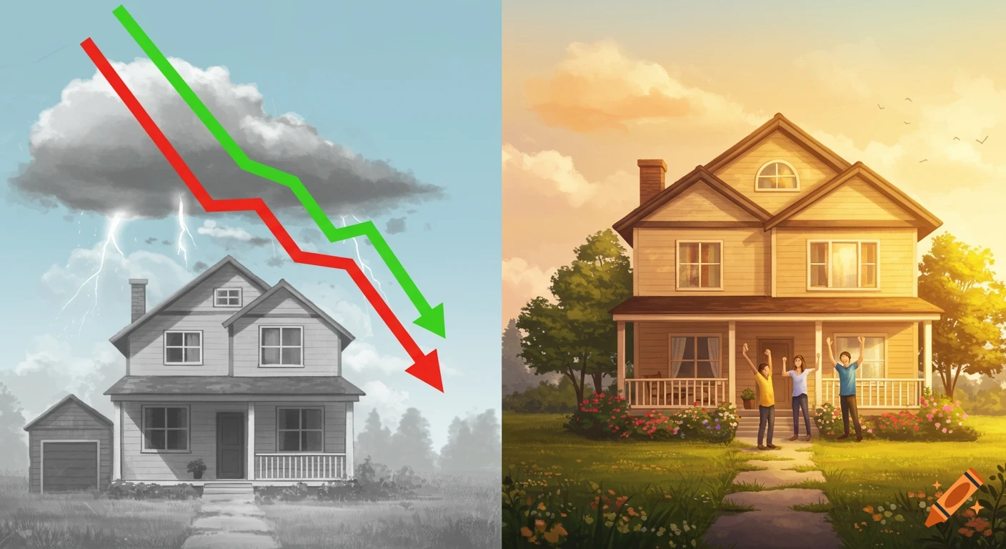 Illustration showing a split image: on the left, a grayscale house with storm clouds and down arrows; on the right, a colorful house with happy people under a sunny sky.