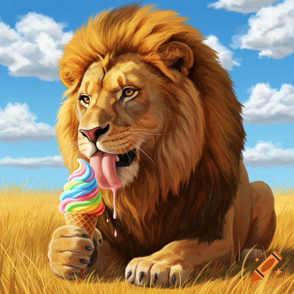 A whimsical cartoon lion with a big tongue licking a rainbow ice cream cone in a sunny grassy savanna.