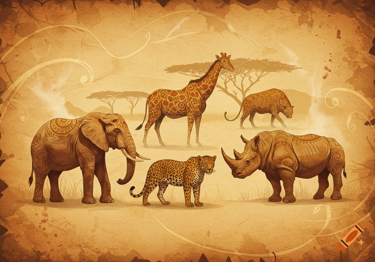 A stylized illustration of an elephant, giraffe, leopard, rhino, and warthog on a parchment background with tribal patterns and acacia trees.