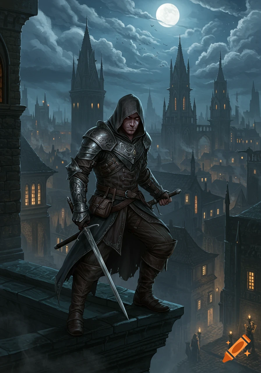 A hooded rogue in armor with two swords stands on a gothic city rooftop under a full moon, dark fantasy art.
