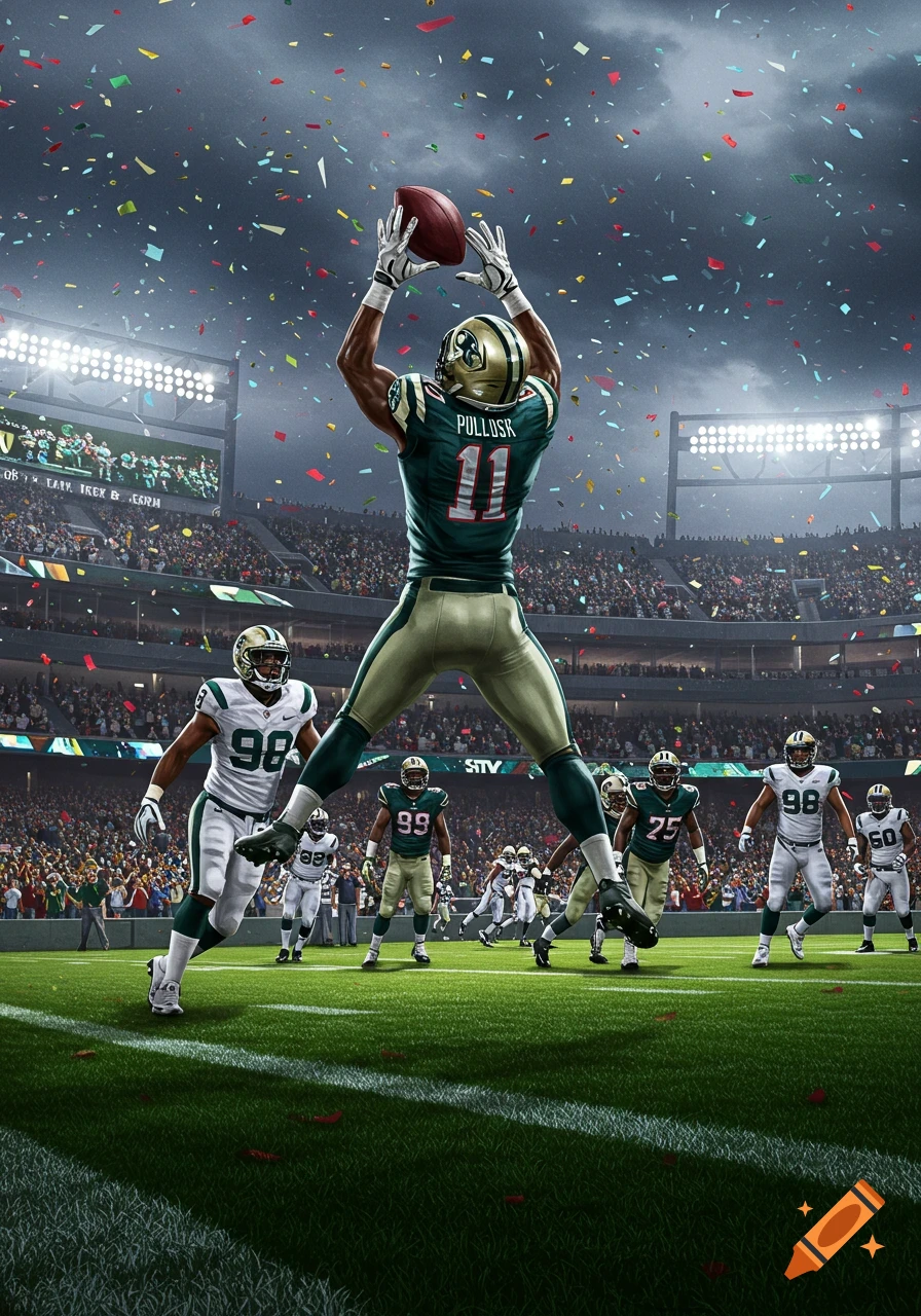 A football player in a green and gold uniform leaps to catch a football in a crowded stadium with confetti falling.