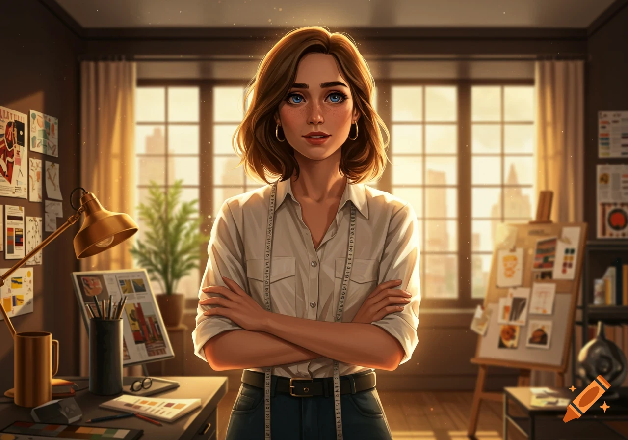 An illustration of a creative woman with short brown hair and blue eyes, wearing a button-down shirt with a measuring tape, standing with arms crossed in a sunlit art studio.