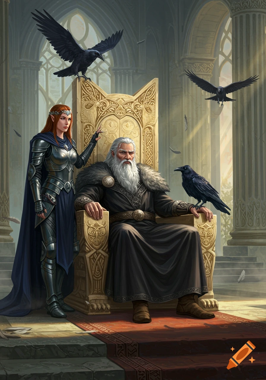 Odin sits on an ornate golden throne with a warrior princess in armor beside him and ravens flying and perching in a grand hall.