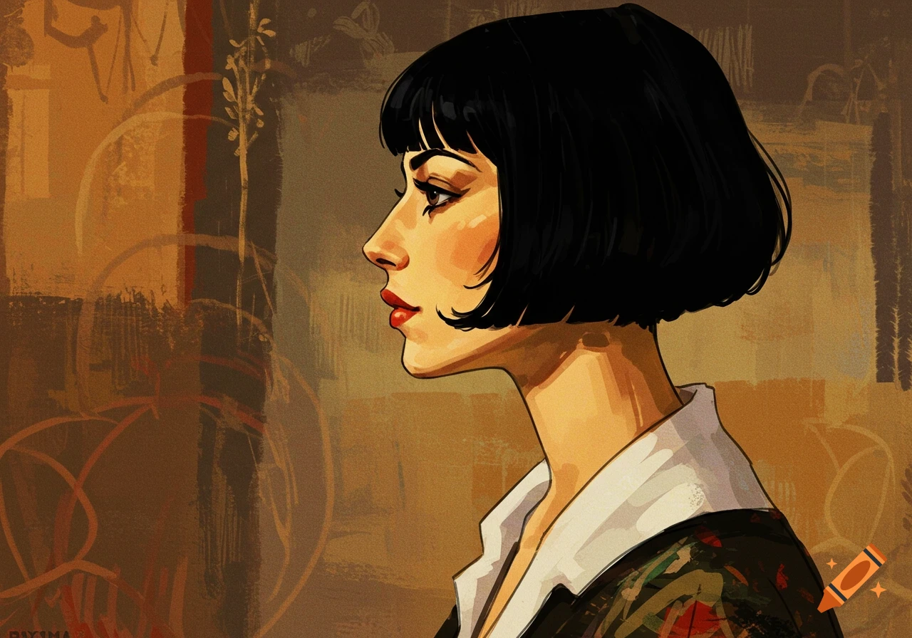 Stylized painting of a woman in profile with a black bob and red lipstick, against an abstract earthy background.