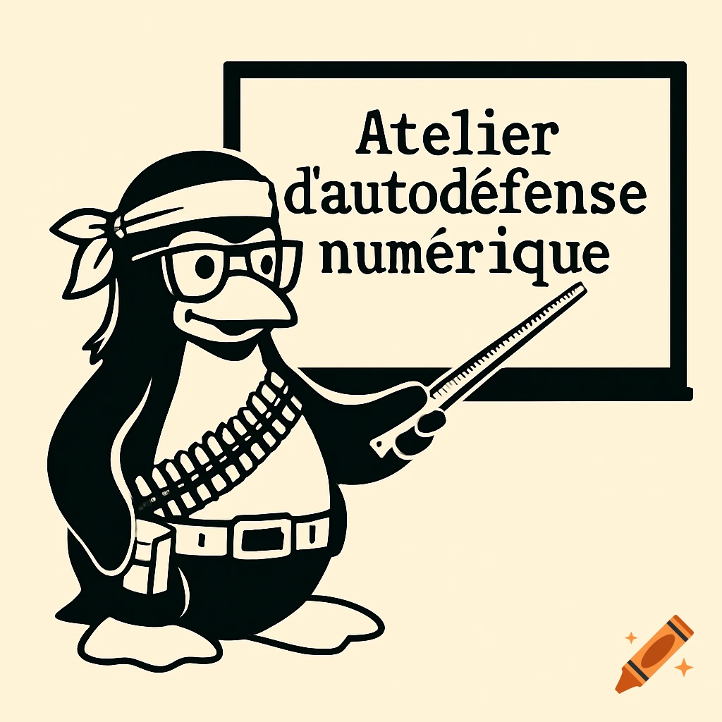 Black and white cartoon of Tux, the Linux penguin, dressed as Rambo with glasses and a bandana, pointing a ruler at a screen displaying 'Atelier d'autodéfense num r ique'.