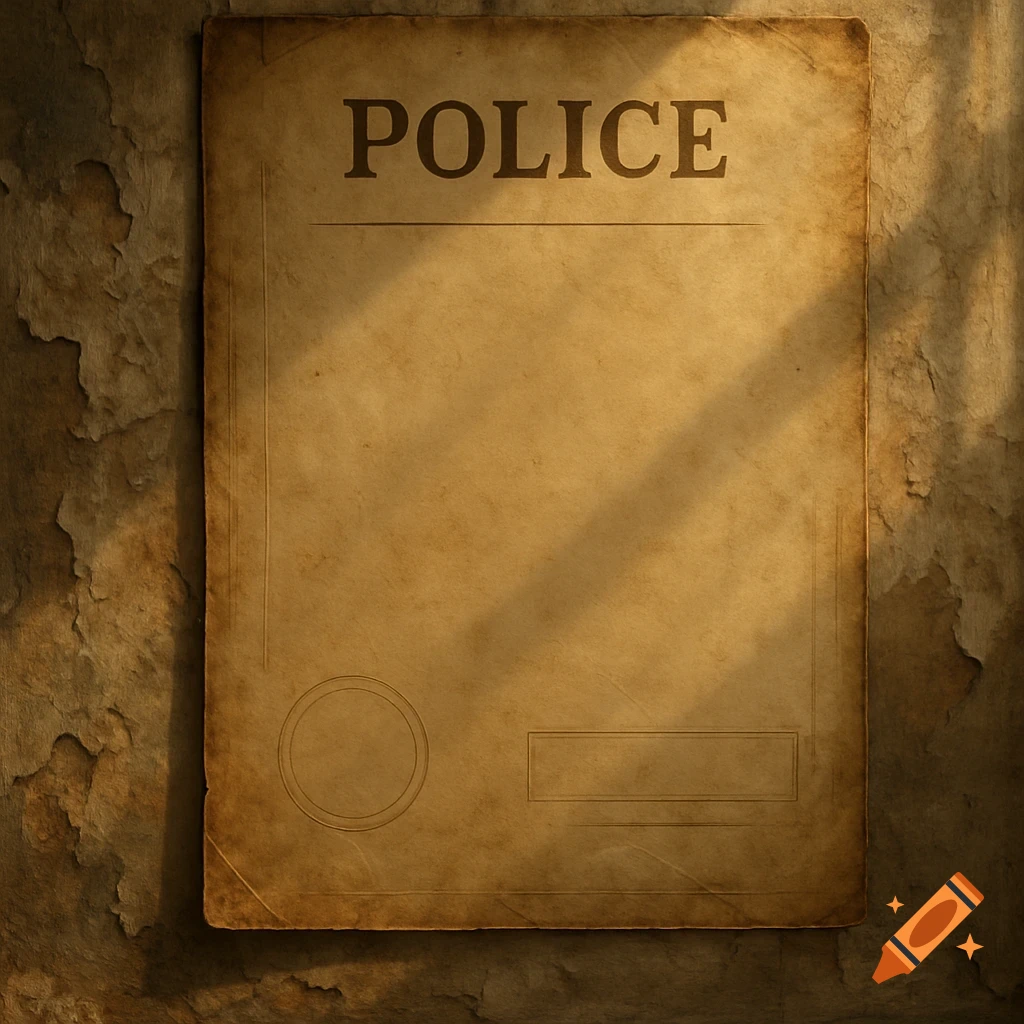 An old, blank police poster with 'POLICE' at the top, hanging on a dilapidated, peeling wall. The paper is aged and textured with shadows.