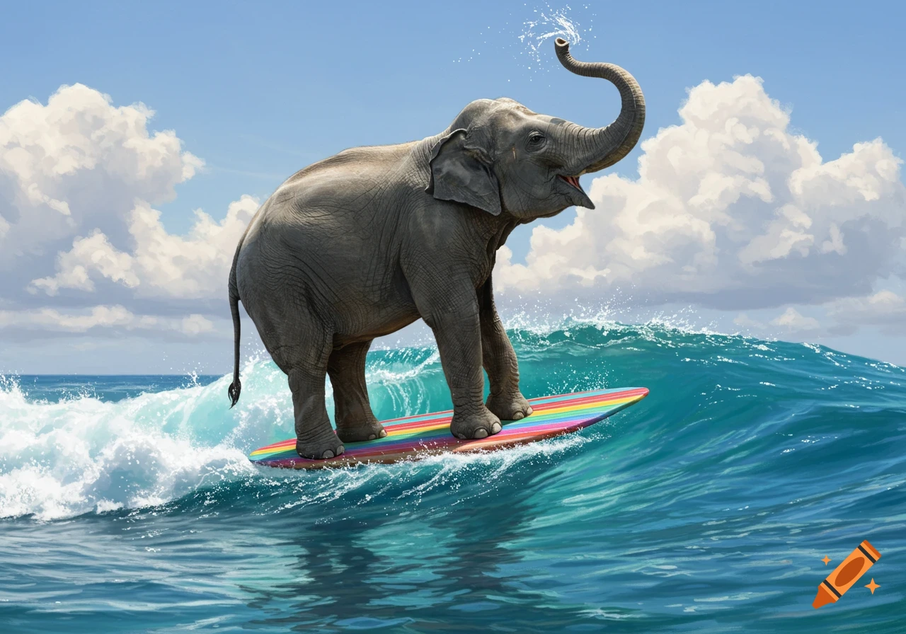 A photorealistic elephant with its trunk raised surfs a rainbow-striped surfboard on a large ocean wave under a bright blue sky with fluffy clouds.