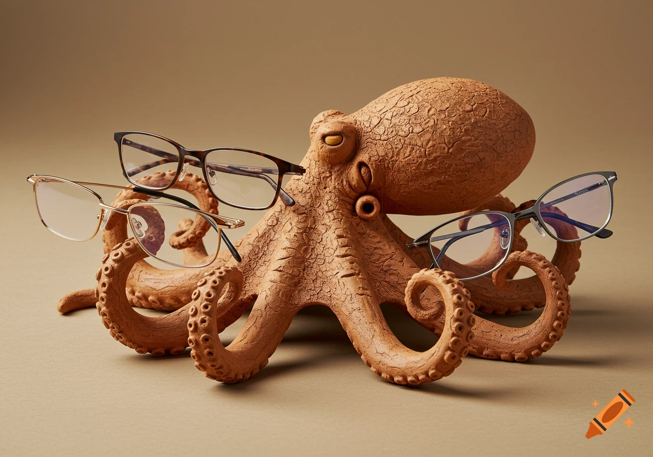 A realistic clay octopus sculpture holds three pairs of eyeglasses on its textured arms against a light brown background.