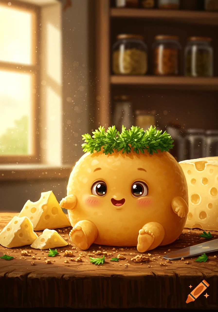 A cute, anthropomorphic cheese character with a parsley crown sits on a wooden counter with cheese wedges, crumbs, and a knife in a sunny kitchen.