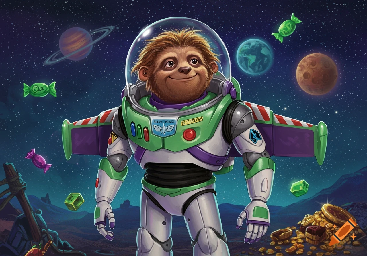 A fluffy brown sloth in a Buzz Lightyear suit stands on a rocky alien planet with planets, stars, and floating candies in a cartoon style.