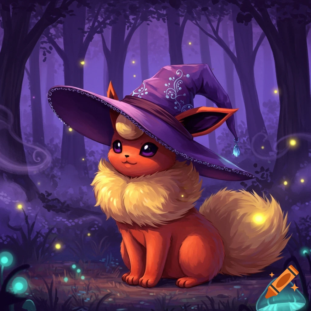 A cute Flareon Pokémon with a fluffy mane wears a purple witch hat in a dark, magical forest with glowing mushrooms and fireflies.