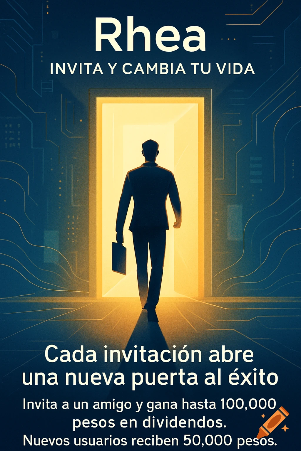 A silhouetted man walks towards a bright doorway on a dark, tech background with motivational Spanish text.