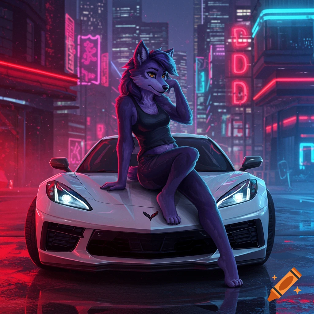 A purple wolf girl in a tank top sits on a white Corvette in a neon-lit cyberpunk city at night, digital art.