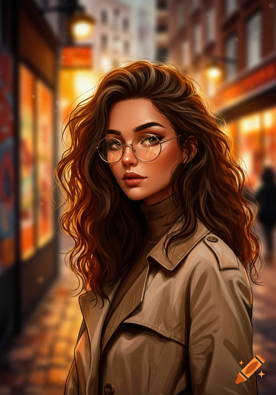 A stylized digital art portrait of a brunette woman with messy curls and round glasses, wearing a trench coat on a blurred city street.