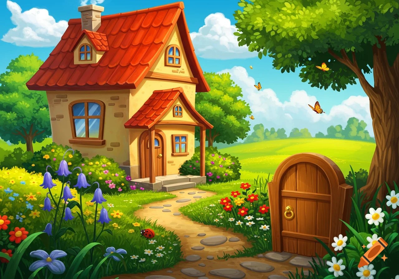 A vibrant cartoon illustration of a quaint house with a red roof, surrounded by a colorful flower garden, a winding path, and green hills under a blue sky with butterflies.