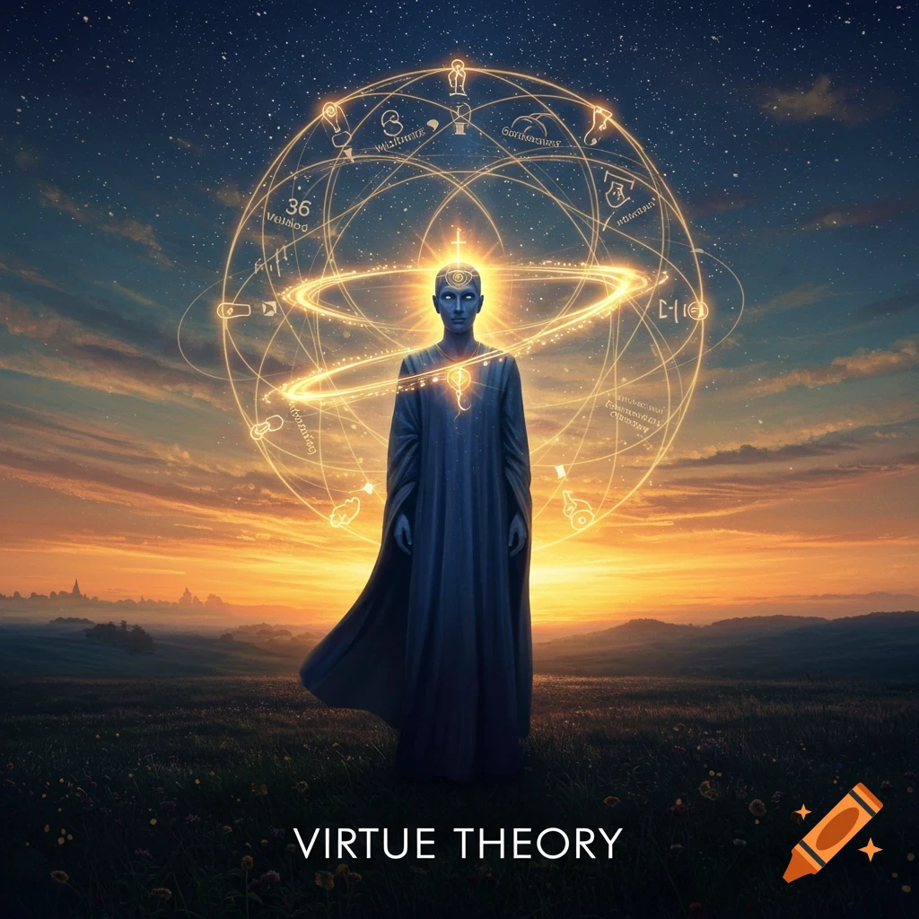 A blue-skinned, robed figure stands in a field at sunset under a starry sky, surrounded by glowing rings and symbols. The words 'VIRTUE THEORY' are at the bottom.