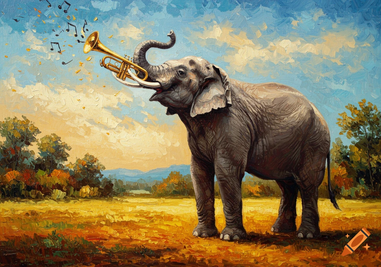 An impasto oil painting of an elephant playing a trumpet in a field with musical notes, in the style of Van Gogh.