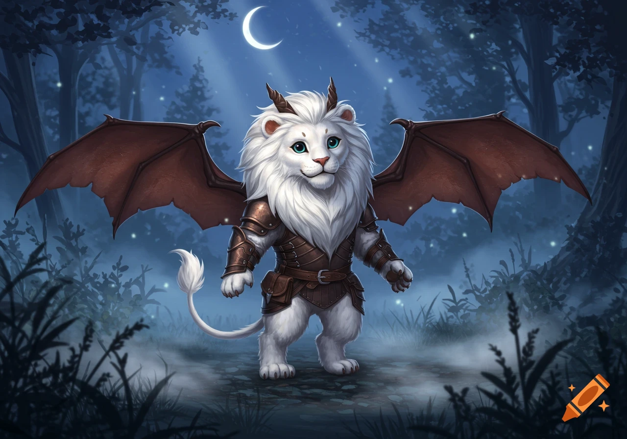 A cute white furred lion-like creature with bat wings and leather armor stands in a misty forest under a crescent moon.