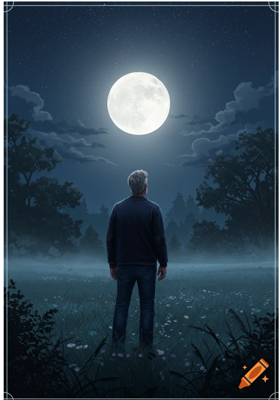 Illustration of a man standing in a misty field at night, looking up at a large full moon in a starry sky.
