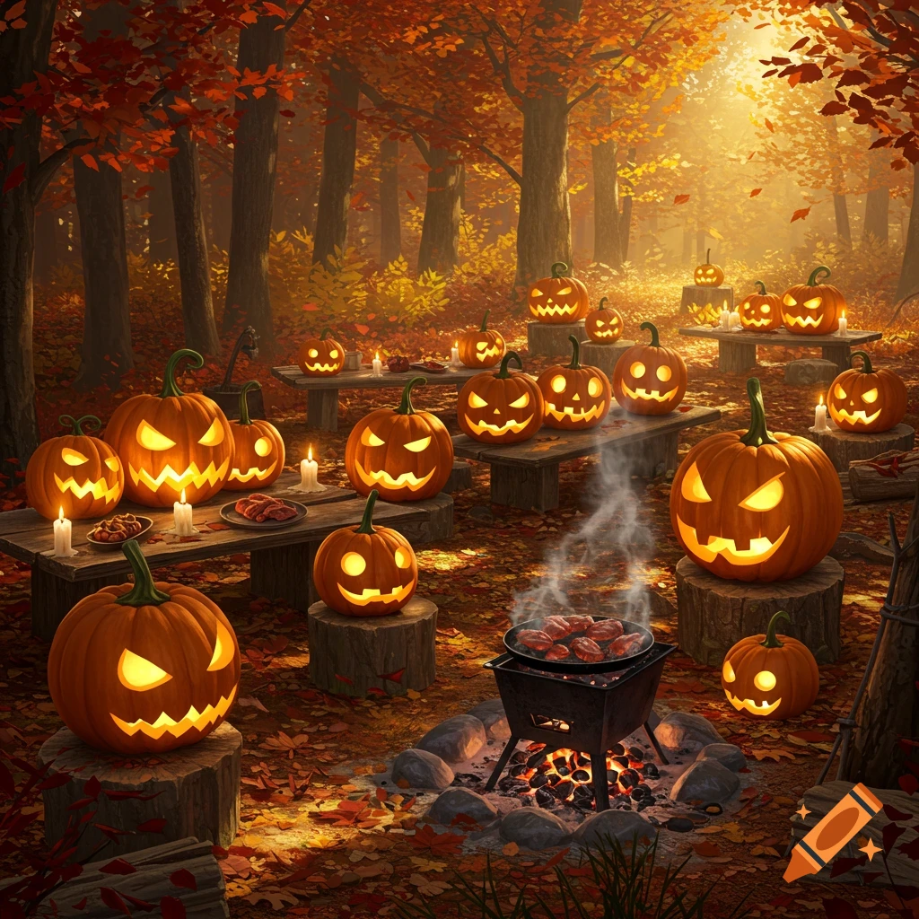 Numerous glowing jack-o'-lanterns are arranged on wooden tables and stumps in an autumn forest, with a grill cooking meat over a fire.
