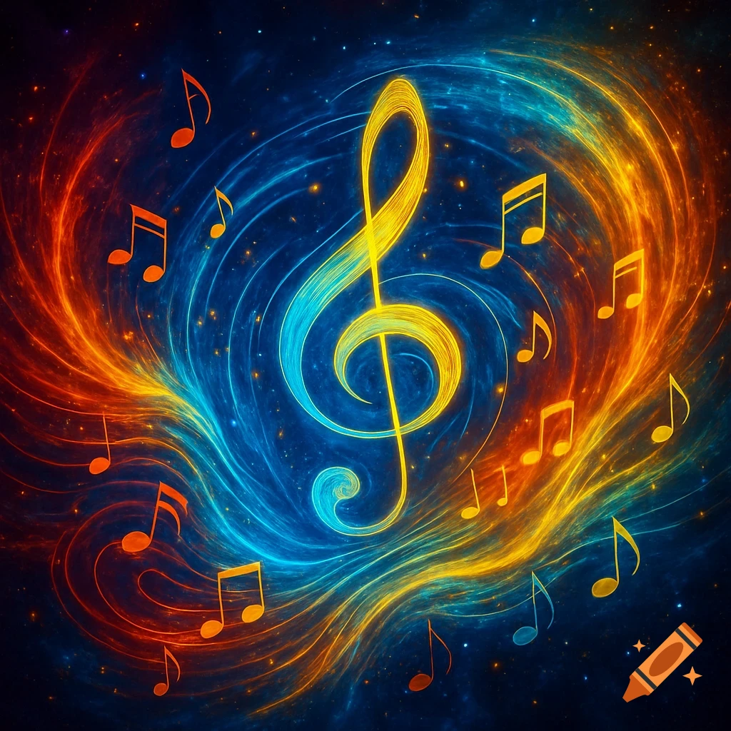 A luminous yellow and blue treble clef surrounded by glowing orange and yellow musical notes, set against a swirling blue and red cosmic background with stars.