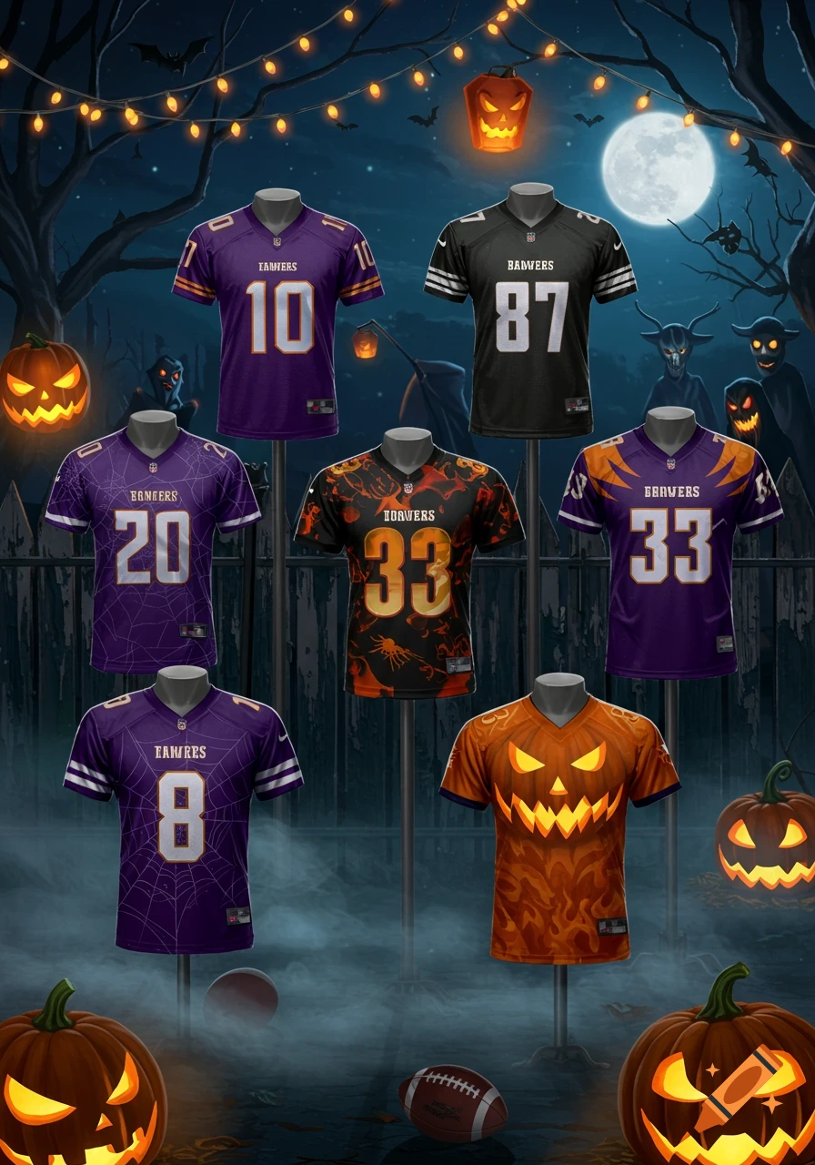 Seven Halloween-themed football jerseys displayed on mannequins in a spooky graveyard setting with jack-o'-lanterns and bats.