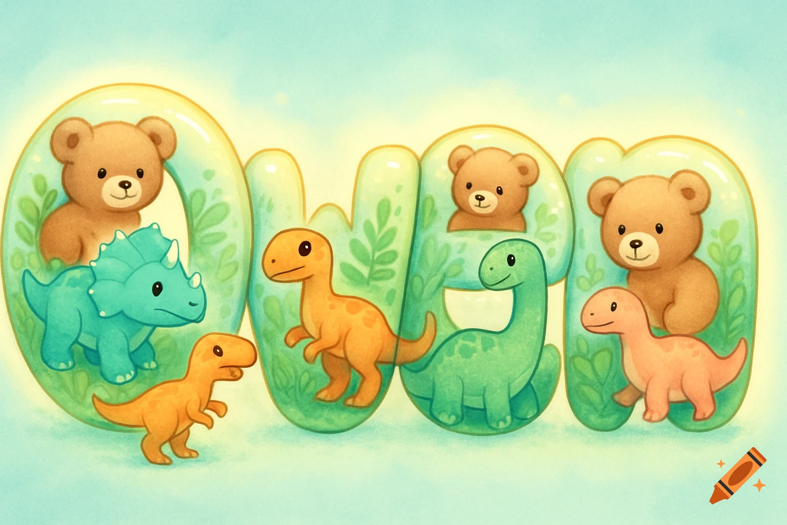 A charming illustration of the name Owen in green bubble letters, featuring cute cartoon dinosaurs and teddy bears inside.