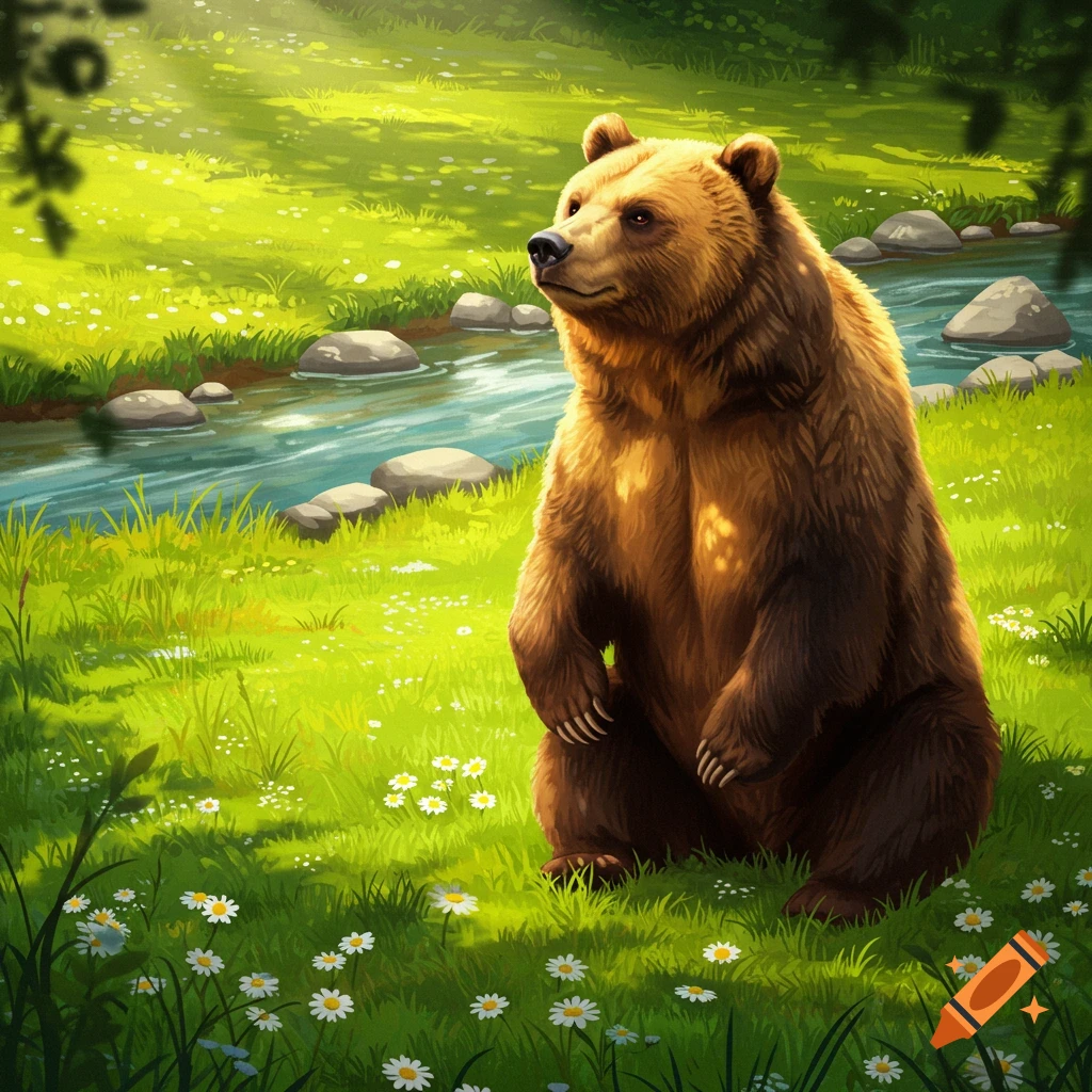 A brown bear sits upright in a vibrant green meadow with white daisy-like flowers, next to a flowing river with rocks.