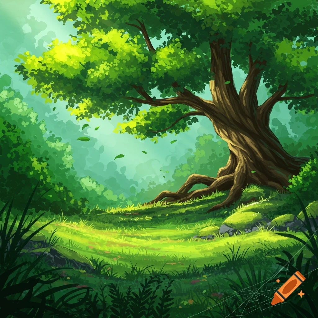 A lush, vibrant green forest illustration with a large, gnarled tree on a grassy hill bathed in dappled sunlight.
