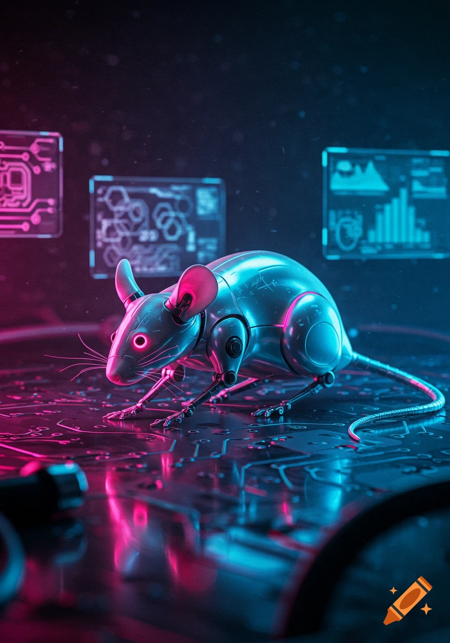 A metallic robotic mouse with glowing red eyes and pink/blue neon accents stands on a glowing circuit board, with futuristic displays in the background.