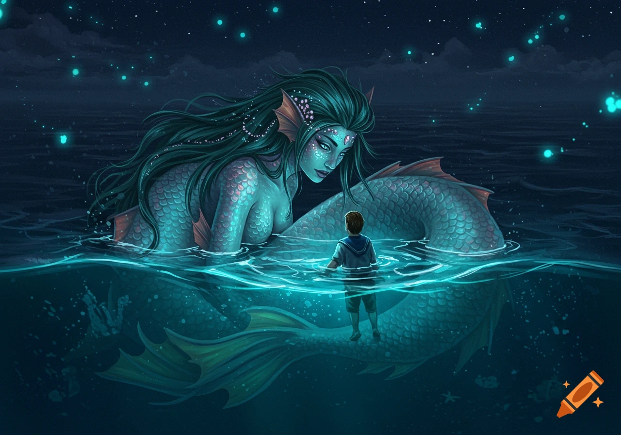 A giant mermaid with teal scales and long hair emerges from dark, glowing waters, looking at a small boy immersed in the ocean at night. Digital art.