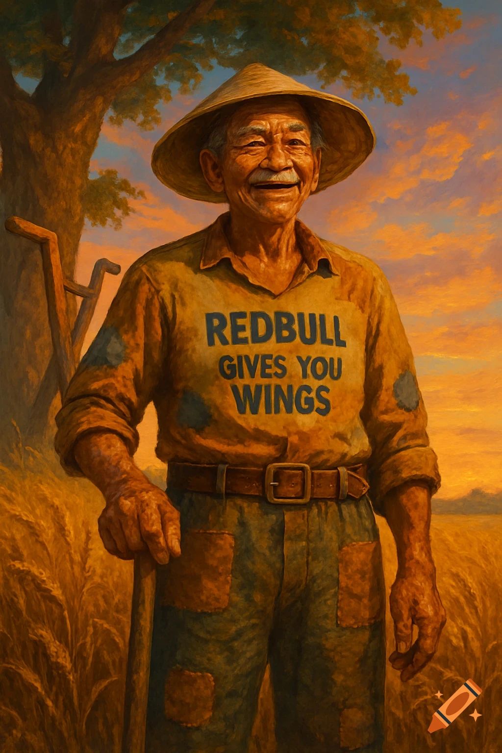 Smiling old farmer in a conical hat and 'REDBULL GIVES YOU WINGS' shirt stands in a golden field at sunset, painting.