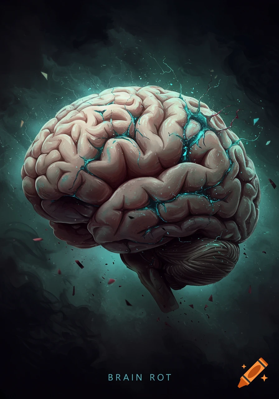 Stylized human brain with glowing blue cracks and debris, against a dark, smoky background, with the words 'BRAIN ROT' below.