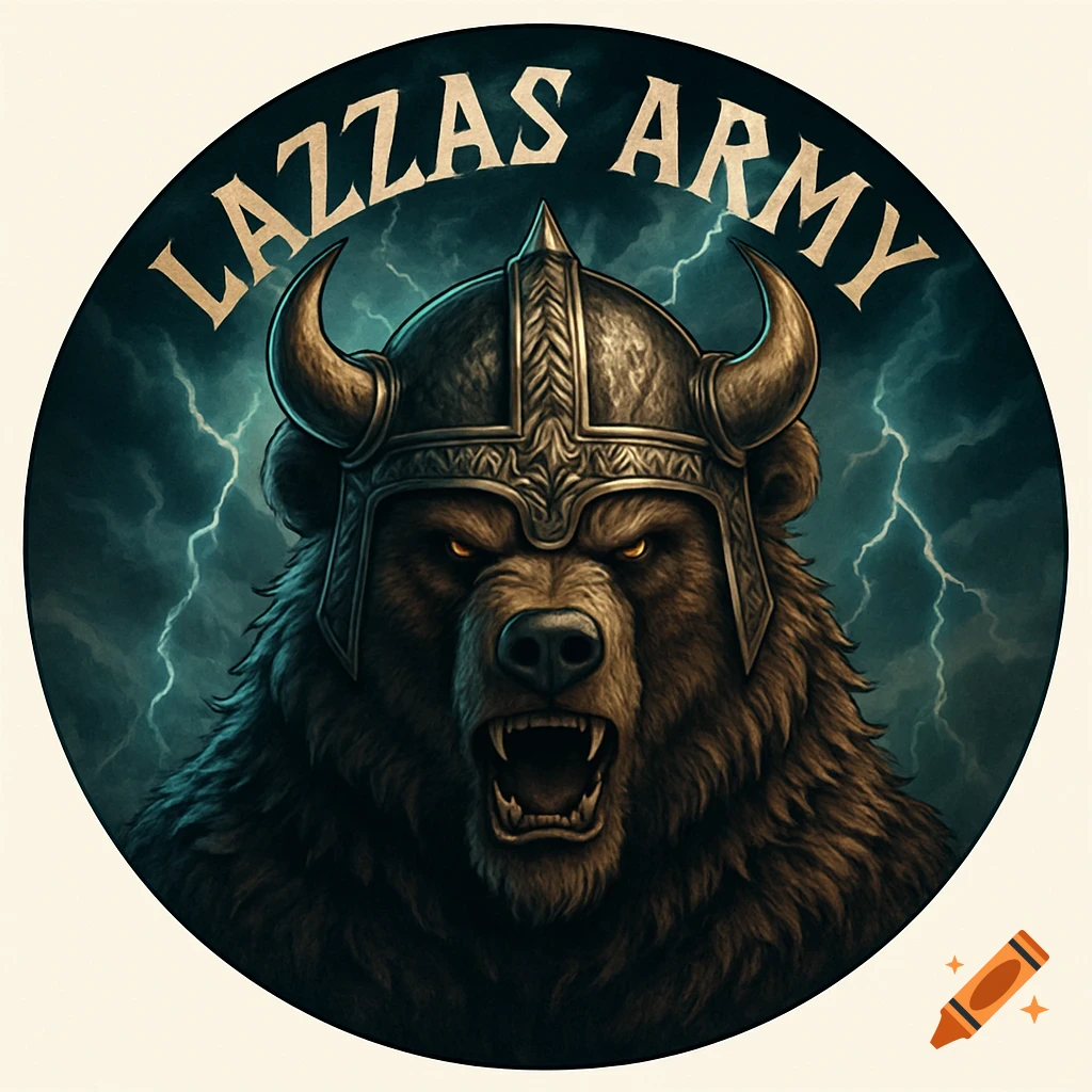 A fierce brown bear in a horned Viking helmet with glowing eyes and open mouth, against a stormy lightning sky. 'LAZZAS ARMY' text above.
