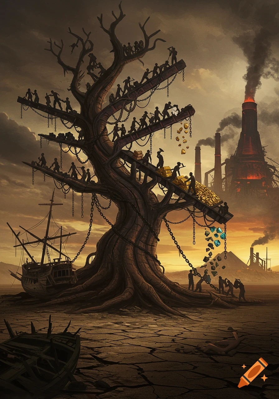Dark allegorical art shows silhouetted figures laboring on a gnarled industrial tree, moving gold and gems to smoking factories in a desolate landscape with a beached ship.